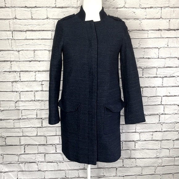 Zara Basic Long Tweed Textured Peacoat Navy Size XS - Picture 1 of 9